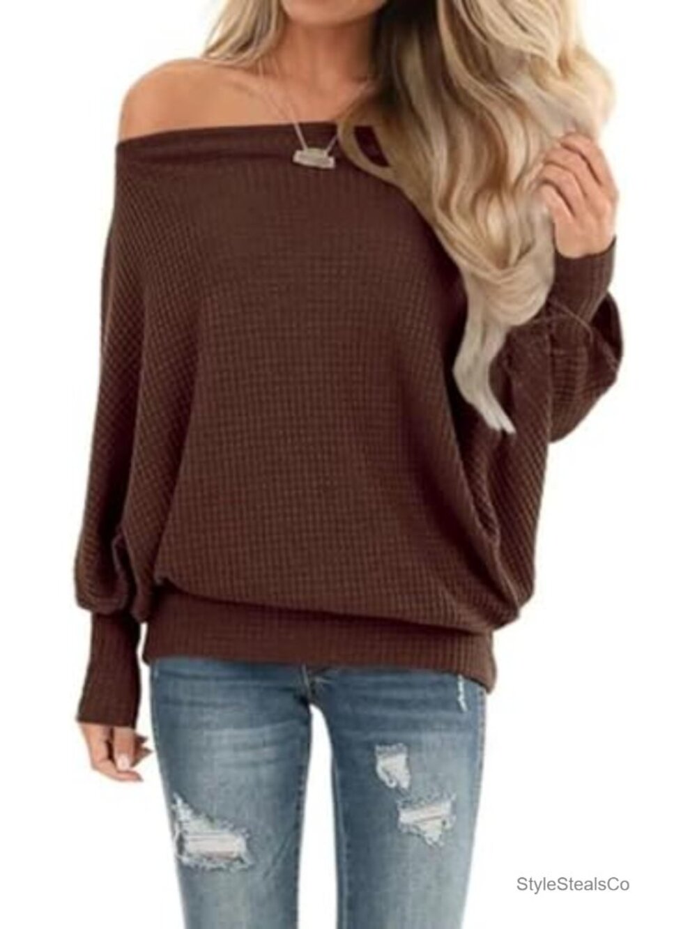 Lacozy Waffle Knit Off Shoulder Oversized Tunic Sweatshirt